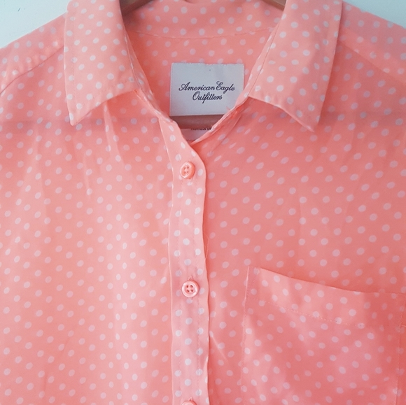 AMERICAN EAGLE Pink/Coral Polka Dot Sheer Chiffon Button Up Blouse - Picture 2 of 8
